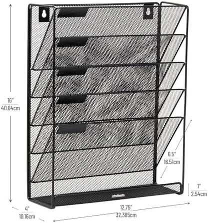 Mind Reader 5-Pocket Vertical File Storage, Desktop Organizer, Wall Mount, Office, Metal Mesh, Black