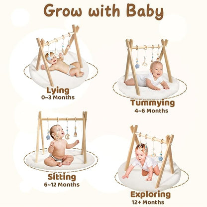 Wooden Baby Play Gym with Activity Mat, Foldable Baby Gym Frame with Hanging Sensory Toys for Newborn Baby
