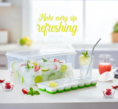 56pcs Ice Cube Tray with Lid and Bin – Stackable 4 Trays Plastic Silicone