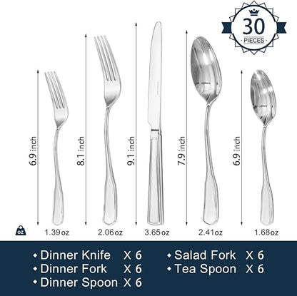 KINGSTONE 30-Piece Silverware Set, 18/10 Stainless Steel Flatware Set for 6, Tableware Cutlery Set, Utensil Sets for Home Restaurant, Mirror Finish, Dishwasher Safe