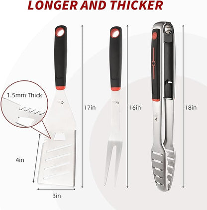 BBQ Tools Set, Heavy Duty Stainless Steel Spatula, Fork & Tongs with Portable Bag, Essential Accessories for Barbecue Outdoor Grill, Grilling Gifts for Men Dad Camp Chef