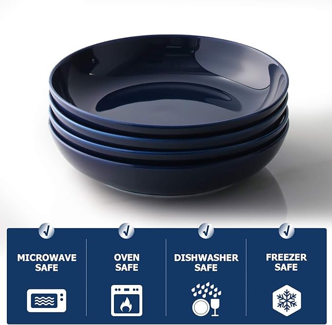 Y YHY 8.5" Vivid Blue Pasta, Salad & Soup Serving Bowls Set of 4, 32oz Large Ceramic, Microwave, Oven & Dishwasher Safe, Sturdy Porcelain Perfect for Daily Dining, Family Gatherings, Parties