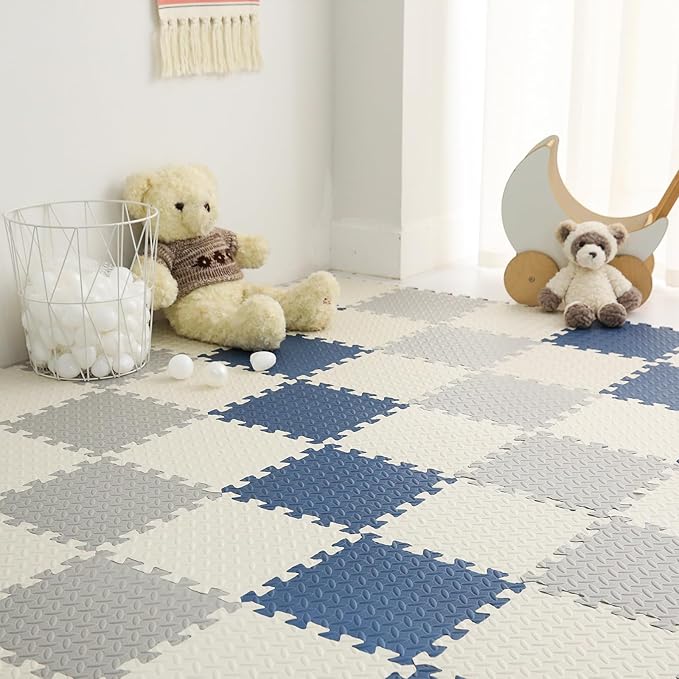 Foam Play Mat for Toddlers, EVA Non-Toxic Interlocking Floor Mats with Solid Colors, Squares Baby Play Mat, EVA Foam Floor Mat Foam Mats for Kids, Baby, 16 Tiles(White/Light Gray/Dark Blue)
