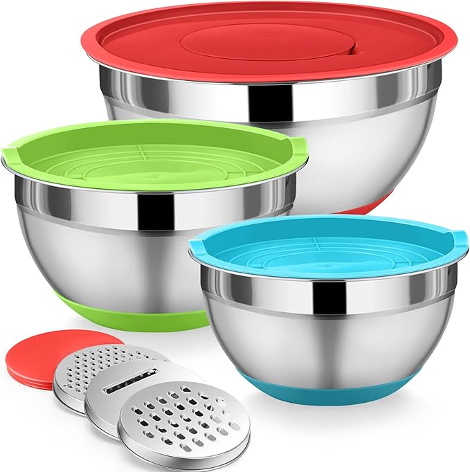 P&P CHEF Mixing Bowl with Lids Set of 3, Stainless Steel Nesting Salad Bowls for Serving Preparing, 3 Grater Attachments & Non-Slip Bottoms, Size 1.5/2.6/4.6 QT, Multicolor