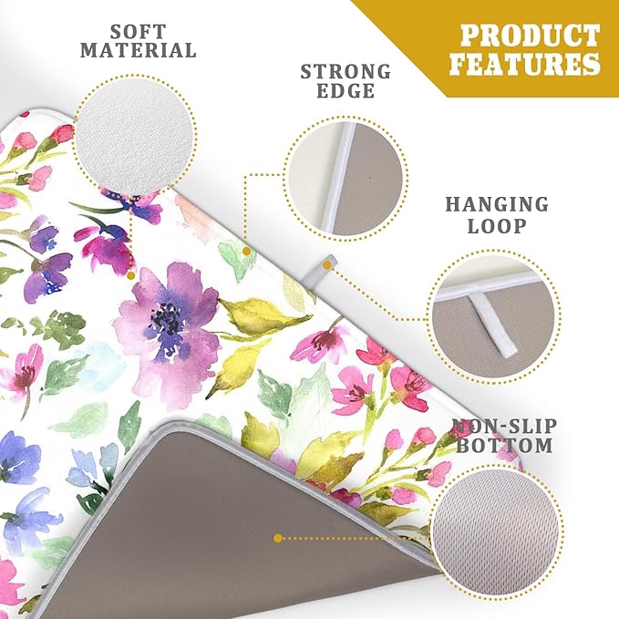 Spring Floral Dish Drying Mat for Kitchen Counter Flower Microfiber Absorbent
