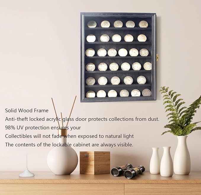 Challenge Coin Display Wall Mount, Military Coin Display Box with Removable Shelf, Poker Chip Holder, Lockable Cabinet Rack Stand