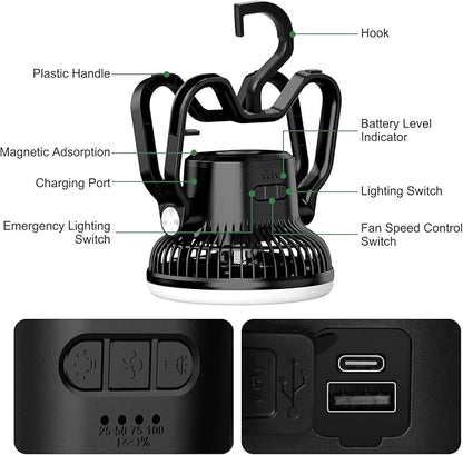 Portable Rechargeable Camping Fan with LED Lantern-40Hrs, Battery Operated Oscillating Fan with Remote, 3 Speeds for Tents, Outdoor, RV, Outage（Black）
