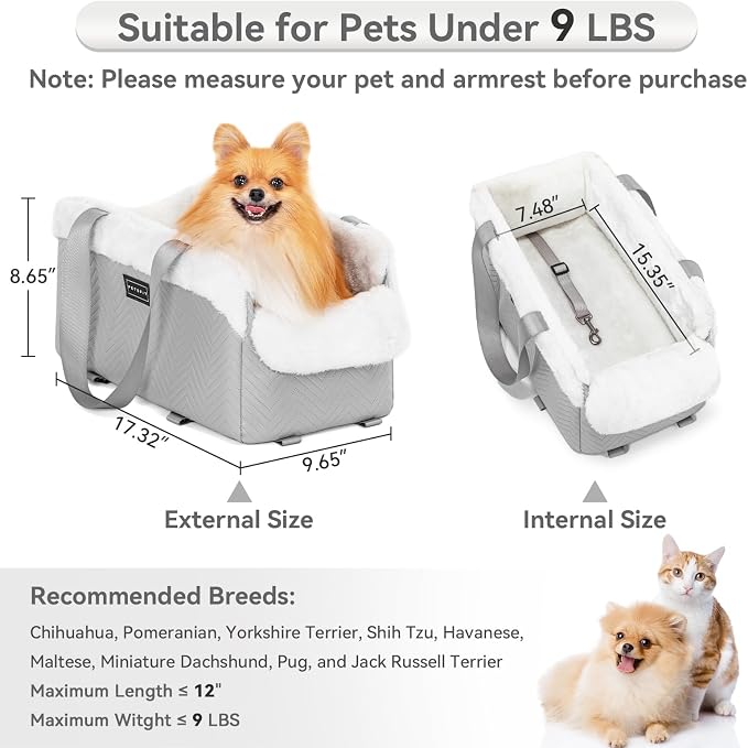 PETSFIT Console Dog Car Seat, Portable Small Dog Car Seat with Safe Protective Hooks, Luxury Dog Carseat Includes Safety Leash and Storage Pocket for Pets Up to 9 lbs (Grey)