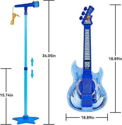 Guitar and Microphone Play Set for Boys New Upgrade,Karaoke Machine with Music&Light,Microphone Toys with Stand,Adjustable Height Guitar Toys for Kids,Toddlers,Child
