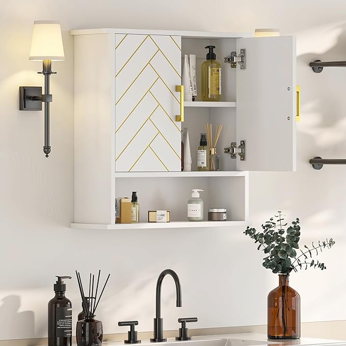 White Chevron Pattern Bathroom Wall Mount Cabinet, Stylish Hanging Medicine