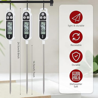 6 Pcs Instant Read Meat Thermometer with Long Probe 9.65 Inch Kitchen Cooking Food Candy Waterproof Digital Thermometer for BBQ Water Milk Yogurt Liquid Cooking(White)