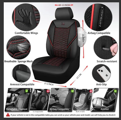 CAR PASS 3D Foam Mesh Leather Car Seat Covers Full Set,Breathable Mesh Faux Leather Seat Covers for Car,Universal Fit for SUV Truck Sedan Automotive, Armrest Airbag Compatible,Black and Red