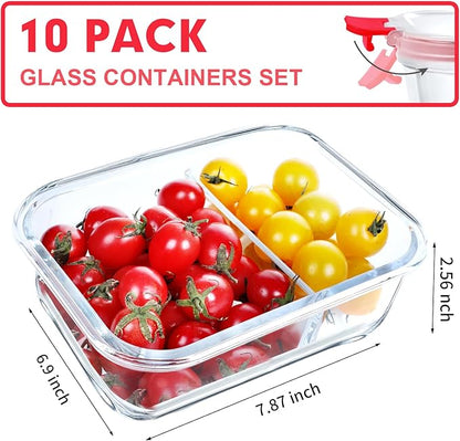 VERONES 10 Pack Glass Meal Prep Containers 2 Compartment Set, 36OZ Airtight Lunch Containers, Glass Food Storage Containers with Lids, for Microwave, Oven, Freezer & Dishwasher Friendly,Red