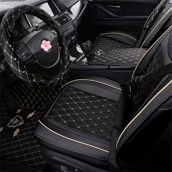 SanQing Car Seat Covers Full Set, Super Luxurious Heavy Universal Duty Waterproof Leather Automotive Vehicle Cover for Cars SUV Pick-up Truck, Non-Slip Seat Car Accessories (Full Set/Black)