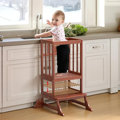 COSYLAND Toddler Step Stool Height Adjustable – Portable Kids Kitchen Stool Helper with Stabilizing Base Block – Toddler Standing Tower for Bathroom Living Room Dining Room (Brown)