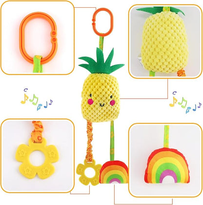KAKIBLIN Baby Hanging Rattle Toys, 4 Pack Car Seat Stroller Toys Soft Squeaky Toy for Baby Newborn Infant Car Crib Travel Activity with Teether for Boys Girls, Toys for 0 3 6 9 12 Months, Fruits-A