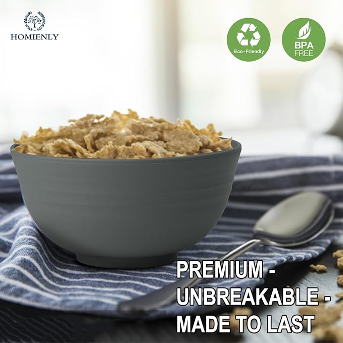 Hoimenly Wheat Straw Bowls, Unbreakable Cereal Bowl Set of 8, 26 OZ Bowls for Kitchen, Camping, Party, Microwave and Dishwasher Safe Bowls Set, Alternatives to Plastic Bowl(Dark Grey)
