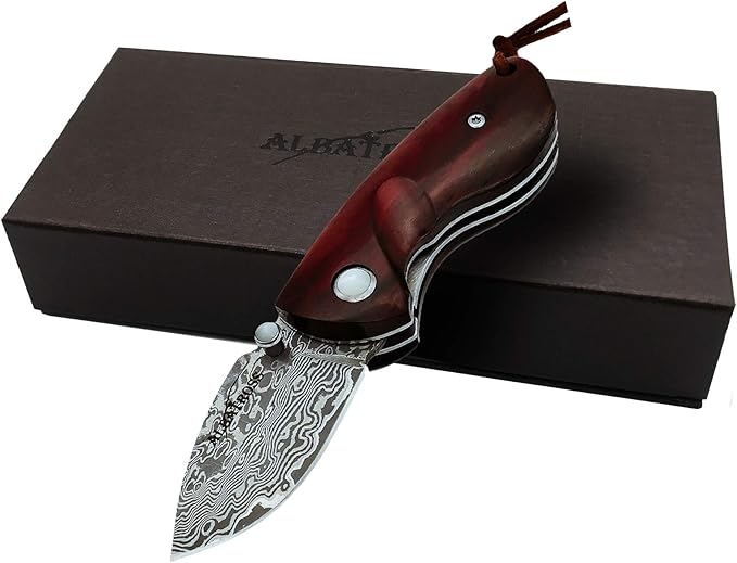 ALBATROSS Mini Pocket Knife - 4.75" Modern Damascus Steel Folding Knife with Red Sandalwood Handle - 71 Layer Hand Forged Blade - Liner Lock System - Luxury Gift Box - HGDK013
