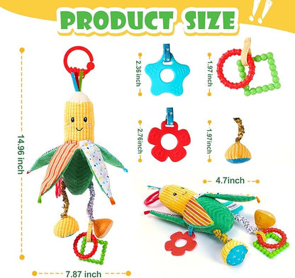 Hanging Rattles Crib & Car Seat Toys for Babies 0-12 Months with Crinkle, Squeaky & Teether, Sensory Corn Soft Stuff Stroller Toys for Newborns, Boys Girls Gifts