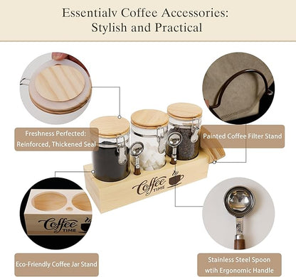 Glass Coffee Canister Set with Shelf & Spoons 3 Piece Coffee Containers for Ground Coffee Coffee Bean Storage Airtight Seal, Coffee Bar Coffee Filter Holder for Kitchen Organization