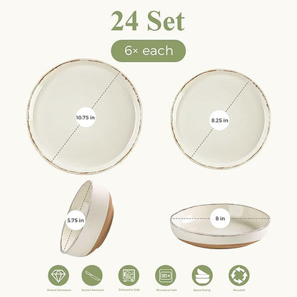 AmorArc Ceramic Dinnerware Sets with Pasta Bowls for 6, Handpainted Plates and Bowls Set with Rustic Terracotta Underside, Scratch Resistant Dishes Set, Dishwasher & Microwave Safe, 24 Pcs