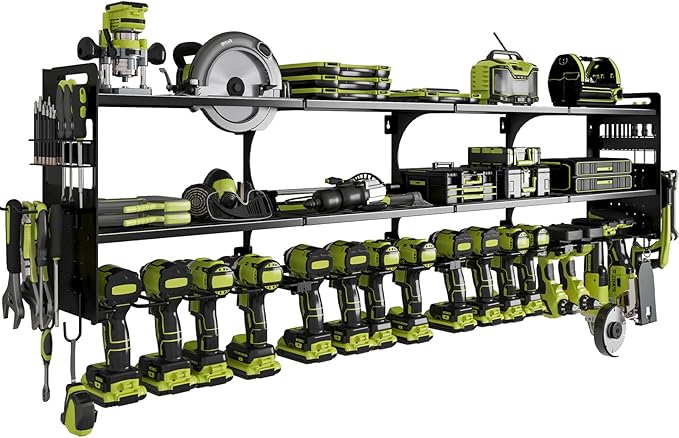 64" Power Tool Organizer Wall Mount, 16 Slots, 3-Tier Drill & Cordless Tool