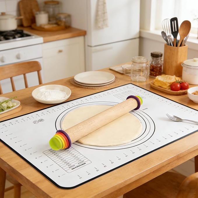 Rolling Pin With Thickness Rings, Adjustable Wooden Rolling Pin Set, 17 inch