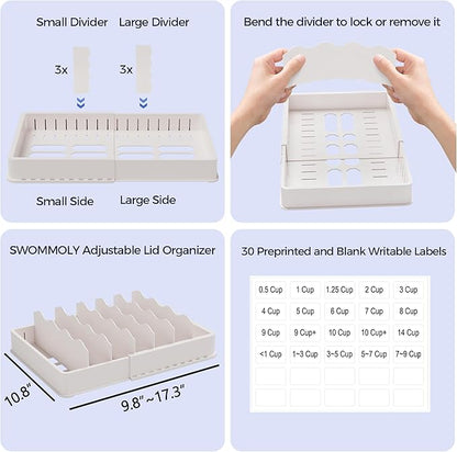 SWOMMOLY Expandable Food Storage Container Lid Organizer, Includes 6 Adjustable