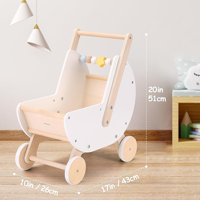 Wooden Baby Walker & Doll Stroller – Adjustable Handle Push Cart, Anti‑Tip, Quiet Wheels, Pretend Shopping Cart – Montessori Wooden Walker for Babies , Doll Stroller for Toddlers 12m+
