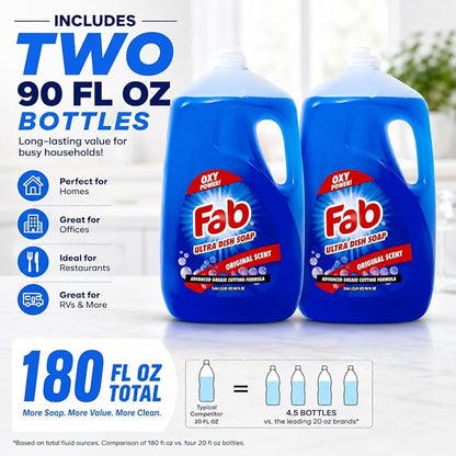La's Totally Awesome Fab Liquid Dish Soap, Original Scent, 90 fl oz (Pack of 2) | Powerful Grease-Cutting Dishwashing Liquid, Gentle on Hands, Dish Detergent for Pots, Pans, Glassware & Cookware
