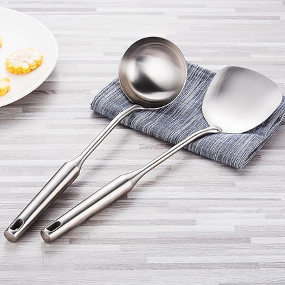 304 Stainless Steel Cooking Utensil Set 4-Piece Kitchen Utensils with Extra-Long Handles, Spatula,Ladle,Slotted Spoon,Slotted Spatula,One-Piece Construction, Ideal for Wok, Grilling, and Gifting