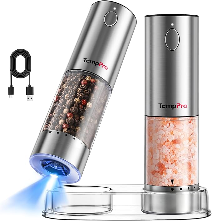 TempPro 100ml Electric Salt and Pepper Grinder Set Rechargeable, Automatic