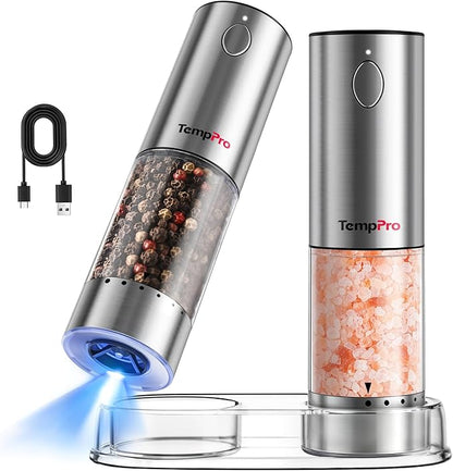TempPro 100ml Electric Salt and Pepper Grinder Set Rechargeable, Automatic