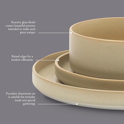 Gibson Elite Echo Bay 12 Piece Porcelain Reactive Glaze (Service for 4) Ceramic Plates and Bowls Modern Stackable Dinnerware Set - Green