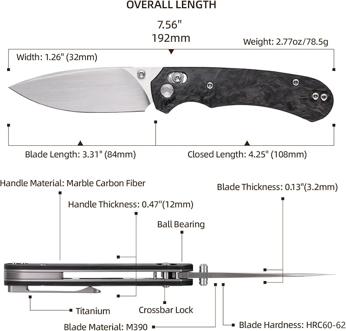 Folding Pocket Knife,3.31” M390 Blade,Erogonomic Titanium Handle,Hunting Survival Knife,EDC Knife for Hunting Camping Survival Outdoor Fishing Hiking（Black&Grey）