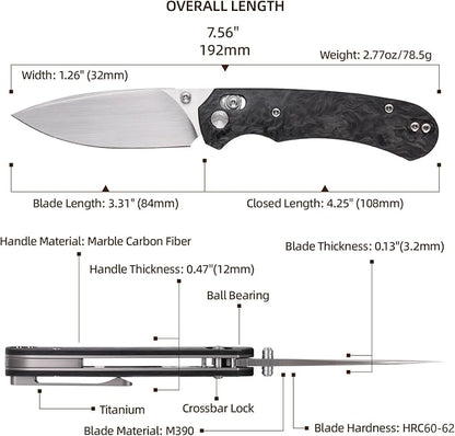 Folding Pocket Knife,3.31” M390 Blade,Erogonomic Titanium Handle,Hunting Survival Knife,EDC Knife for Hunting Camping Survival Outdoor Fishing Hiking（Black&Grey）