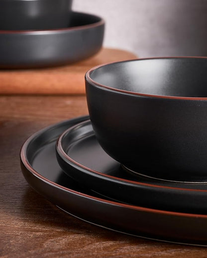 Famiware Mercury 24 Pieces Dinnerware Sets, Plates and Bowls Sets for 8, Microwave and Dishwasher Safe Dish Set, Black