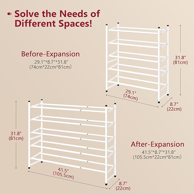 Tajsoon Expandable Shoe Rack for Closet 5 Tier, 29“-41“Adjustable & Stackable