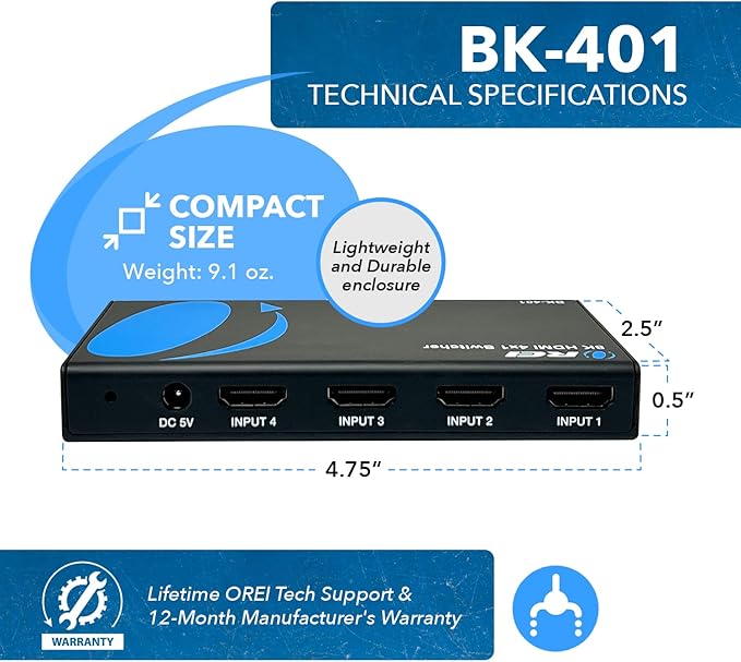 OREI 8K 4x1 HDMI 2.1 Switch 4K @ 120hz Switcher 4 in 1 Out, Support HDR