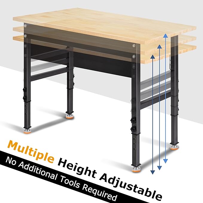 48" Adjustable Work Bench, Rubber Wood Top Workbench Heavy-Duty Work Table, 2000 LBS Load Capacity Hardwood Work Benches for Garage, Workshop, Home, Office, Easy Assembly