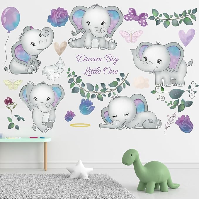 Wall Decals Stickers Dream Big Little One Elephant Wall Stickers Wall Murals Peel and Stick Removable Purple Rose Elephant Wall Decor for Baby Shower Room Nursery Boys Girls Bedroom Playroom Classroom