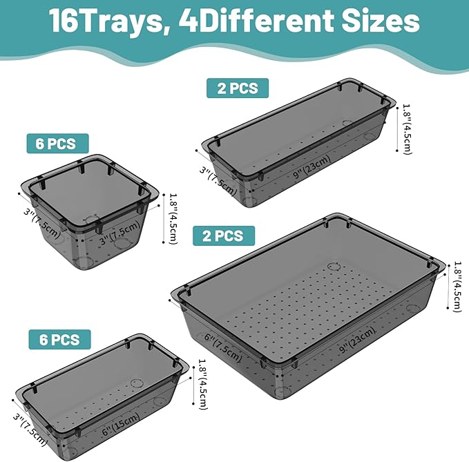 WOWBOX 16 PCS Clear Plastic Drawer Organizer Set, 4 Sizes Desk Drawer
