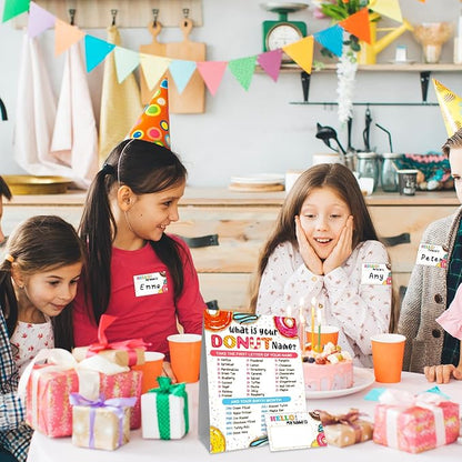 What is Your Donut Name Game, Game Sign and 30 Cards, Donut Birthday Party Sign for Girls, Wedding, Anniversary, Holiday Activity, Kids Donut Activity Cards
