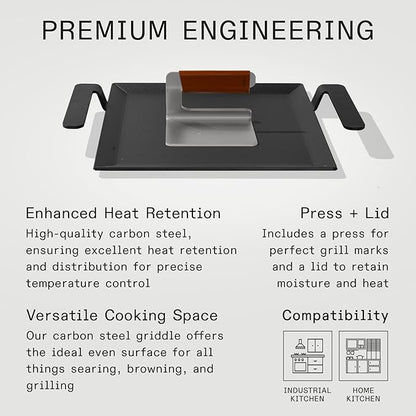 Made In Cookware - Carbon Steel Half Griddle + Grill Press - (Like Cast Iron, but Better) - Professional Cookware - Crafted in Sweden - Induction Compatible