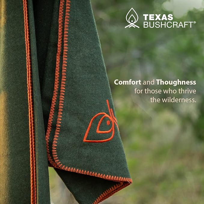 Texas Bushcraft Merino Wool Blanket for Camping, Hiking and Backpacking - Water and Fire Resistant Camp Car Blanket, Fast-Warming and Durable With Double-Stitched Edging (66" x 90")