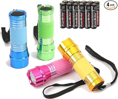 EverBrite 4-Pack Mini LED Aluminum Flashlight Party Favors Colors Assorted for Hurricane Supplies with Handle Glow in Dark