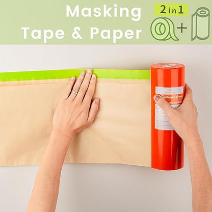 Tangibay Pre-Taped Masking Paper with Dispenser - 12" x 66' Painters Paper and Tape for Painting House, Auto Body, Cars (1 Dispenser 1 Refill)
