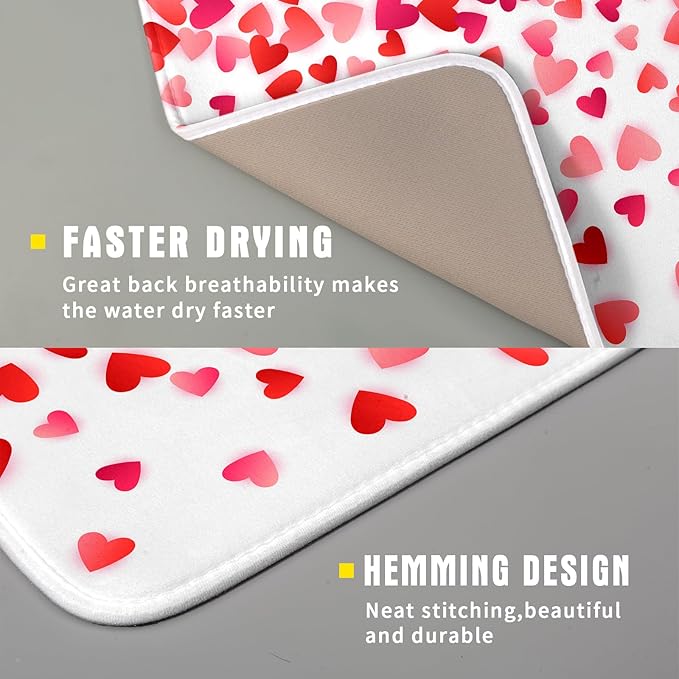 Valentines Dish Drying Mat for Kitchen Counter Hearts Holiday Microfiber