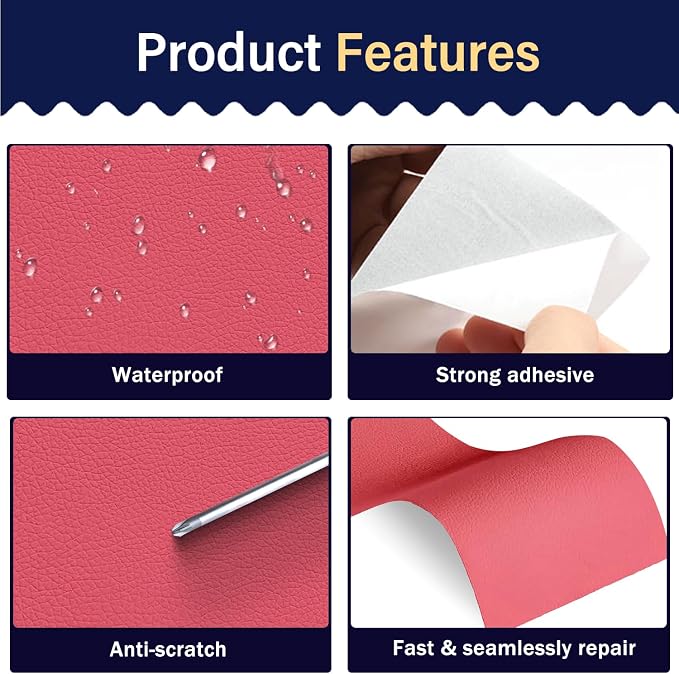 Zenyao Leather Repair Patch Tape - Self Adhesive Leather Repair Kit for Car Seat Furniture, Heavy Duty Vinyl Repair Patch for Couch Sofa, Waterproof Fix for Tears, 16x30 Inch Roll, Hot Pink