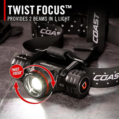 Coast® XPH34R 2075 Lumen USB-C Rechargeable-Dual Power LED Headlamp withPURE Beam® Twist Focus??and Magnetic Base